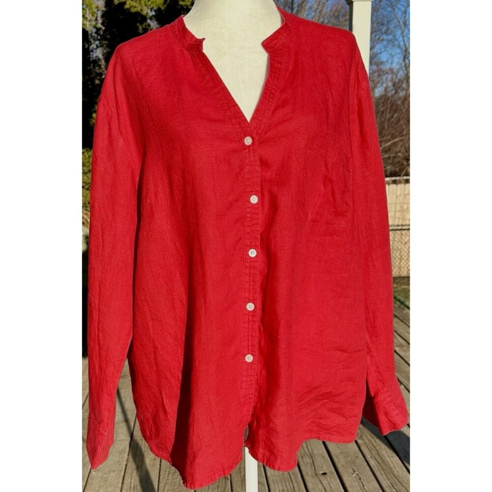 Talbots Plus Button Up Top Sz 2X Red 100% Irish Linen‎ Y Neck Comfort Beachy